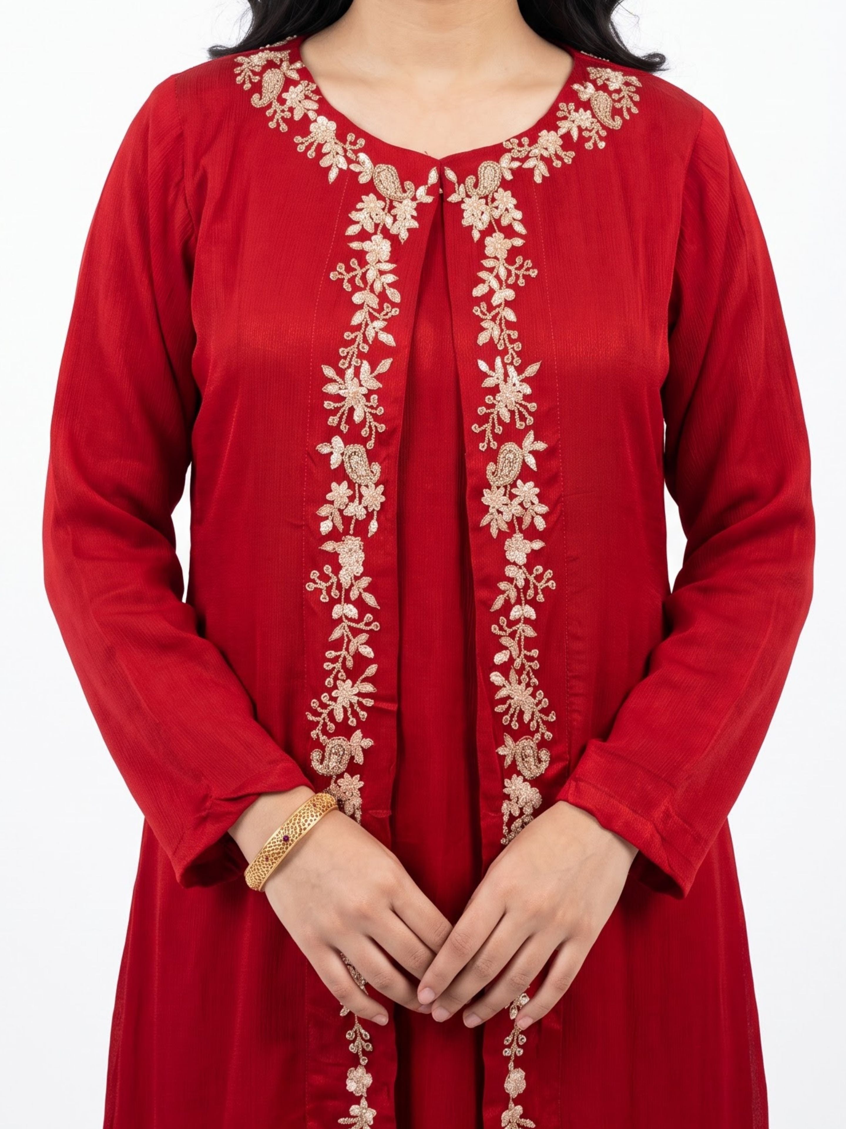 Red Chinon Shirt, Palazzo, Shrug And Dupatta with Cutdana, Sequins, Pearl and Dabka Embroidery 4